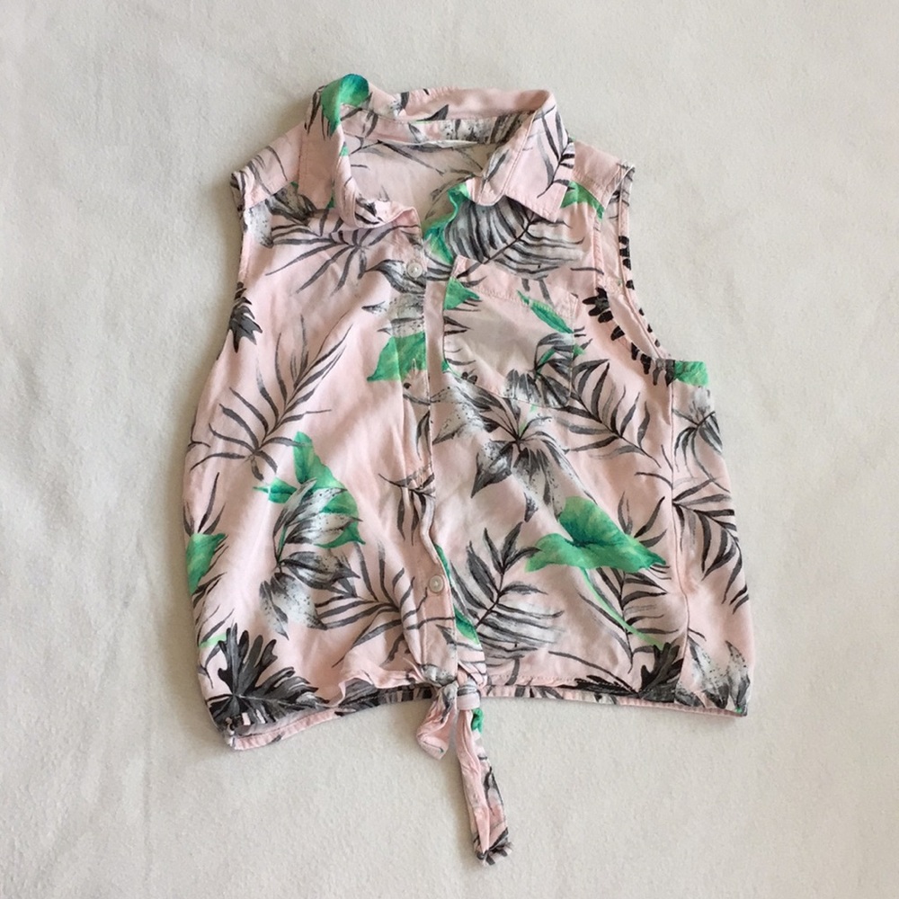 Pink with green leaves button up summer shirt.